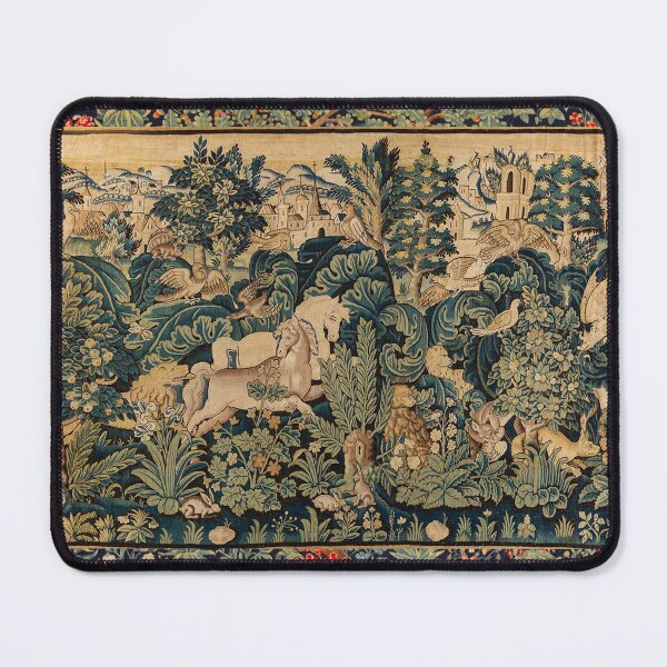 Item preview, FANTASTIC ANIMALS AND HORSES IN WOODLAND Blue Green Ivory Antique French Tapestry designed and sold by BulganLumini.