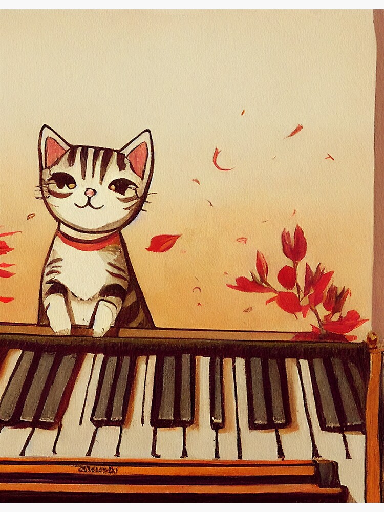 "Cat playing piano, cartoon illustration, cute, funny, piano, music