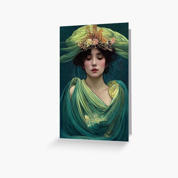 Art Nouveau Beauty in Green, Vintage, Mucha, Gilded Age Greeting Card
