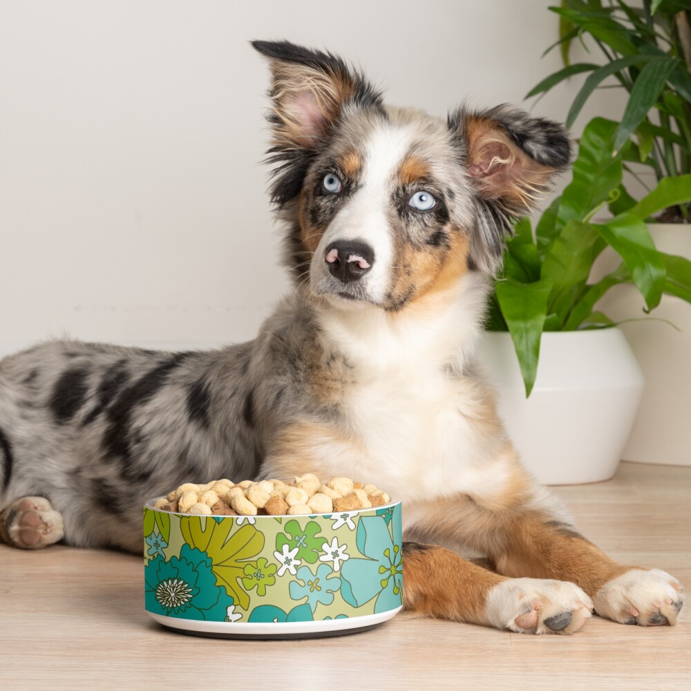 Turquoise, White and Olive Green Retro Floral Pattern Pet Bowl