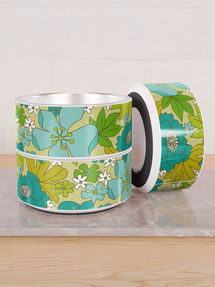 Alternate view of Turquoise, White and Olive Green Retro Floral Pattern Pet Bowl