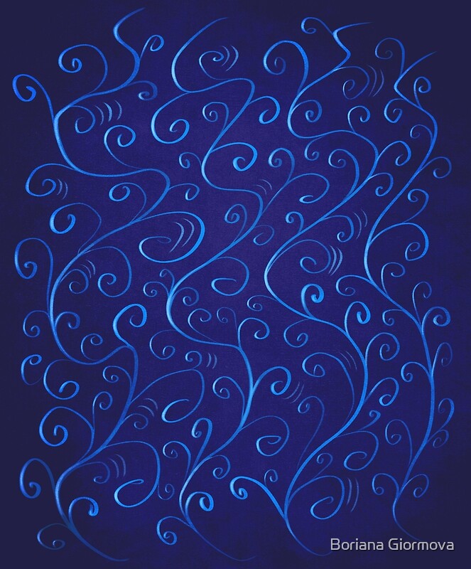 Glowing swirls in light and dark blue shades over textured background.
