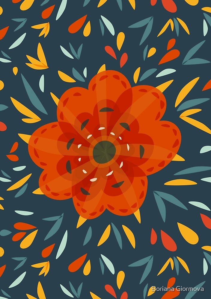 Decorative flower in orange yellow and blue art print at Redbubble