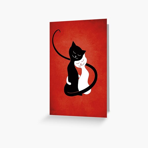 Cats In Love - Black And White Kitty Hug On Red Greeting Card