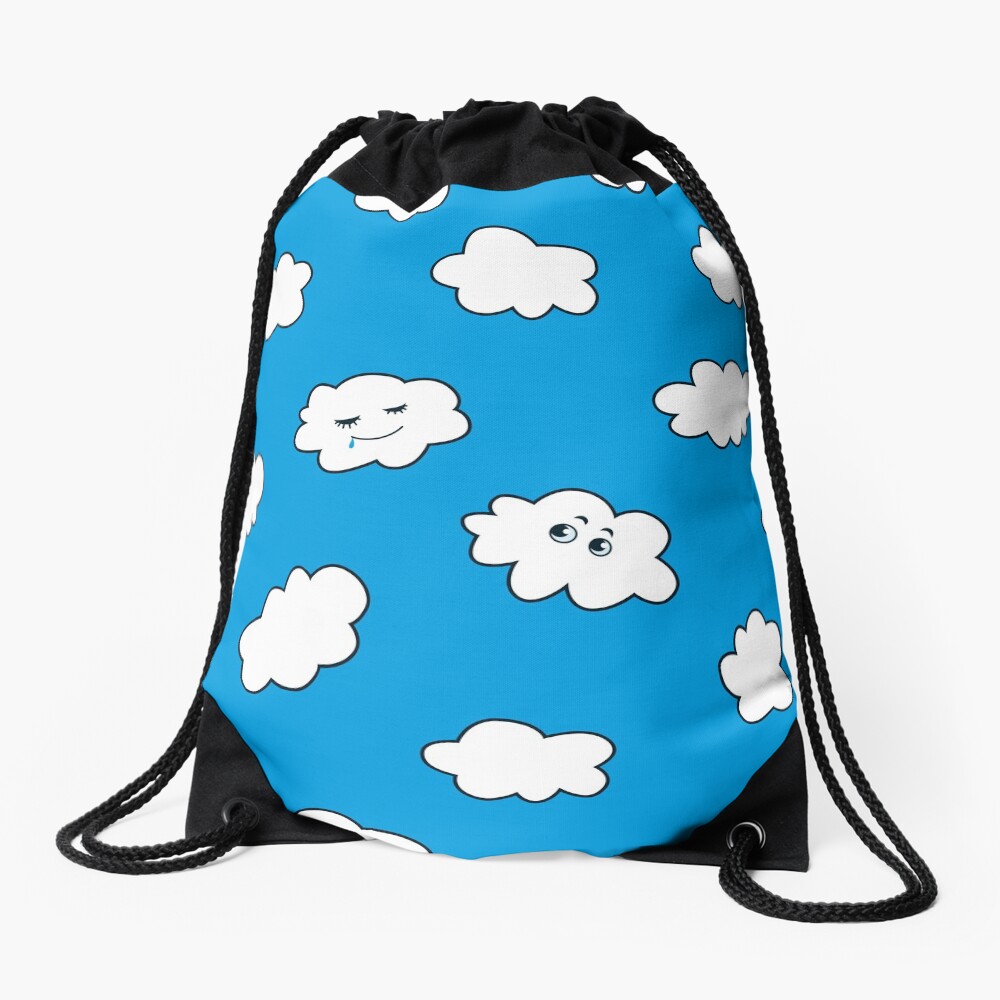 Blue Sky Happy Funny Clouds Drawstring Bag