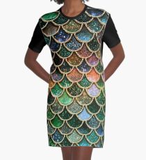 Green Sparkle Faux Glitter Mermaid Scales Graphic T-Shirt Dress