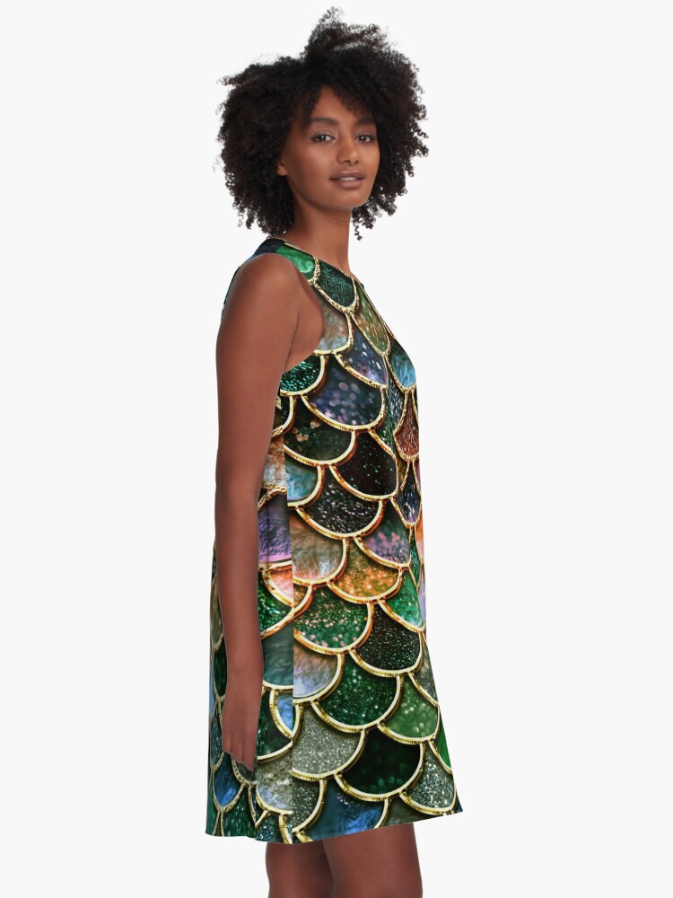 Alternate view of Green Sparkle Faux Glitter Mermaid Scales A-Line Dress