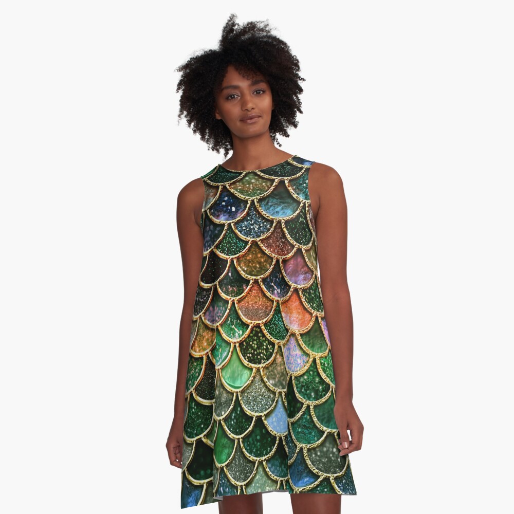 Green Sparkle Faux Glitter Mermaid Scales A-Line Dress
