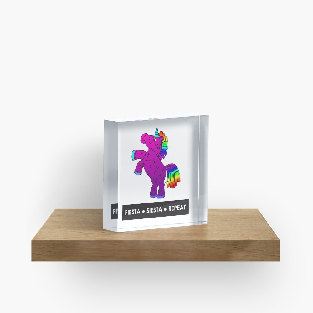 Fiesta, Siesta, Repeat with Unicorn Piñata (Purple and Rainbow) Acrylic Block