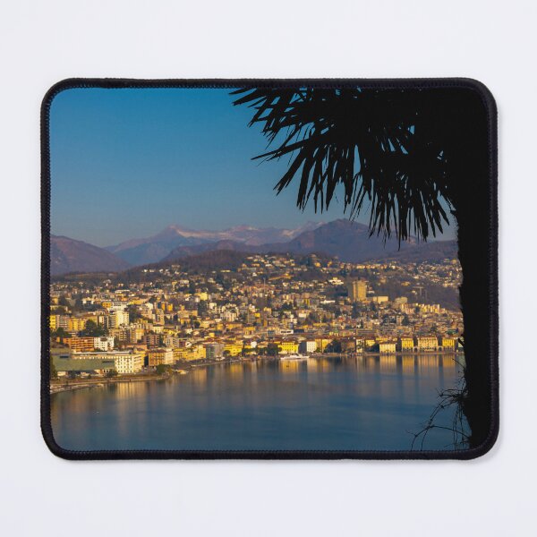 Item preview, Cityscape over Lugano with Palm Tree and Mountain and Lake Lugano designed and sold by Mats Silvan.
