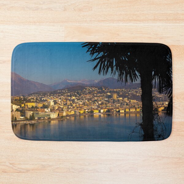 Item preview, Cityscape over Lugano with Palm Tree and Mountain and Lake Lugano designed and sold by Mats Silvan.