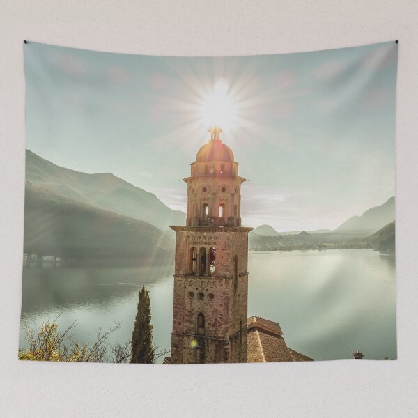 Item preview, Church Tower Santa Maria del Sasso with Sunlight and Mountain on Lake Lugano in Morcote designed and sold by Mats Silvan.