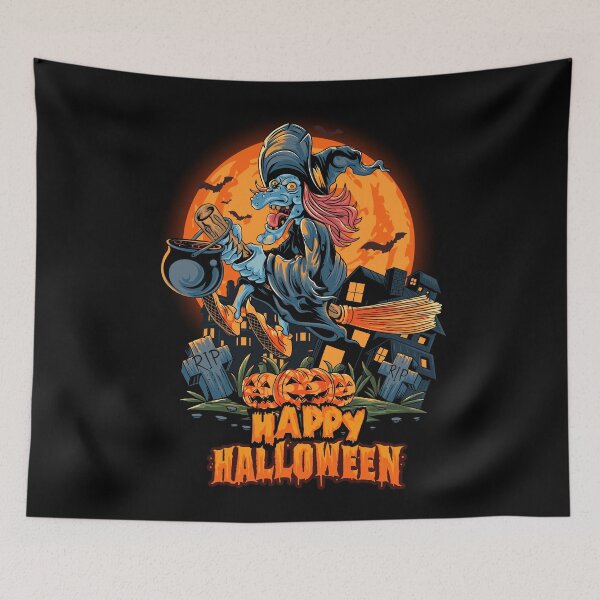 Item preview, Halloween Witch Flying on a Broomstick - A Halloween design featuring a witch on a broomstick with the slogan Happy Halloween designed and sold by velisani.