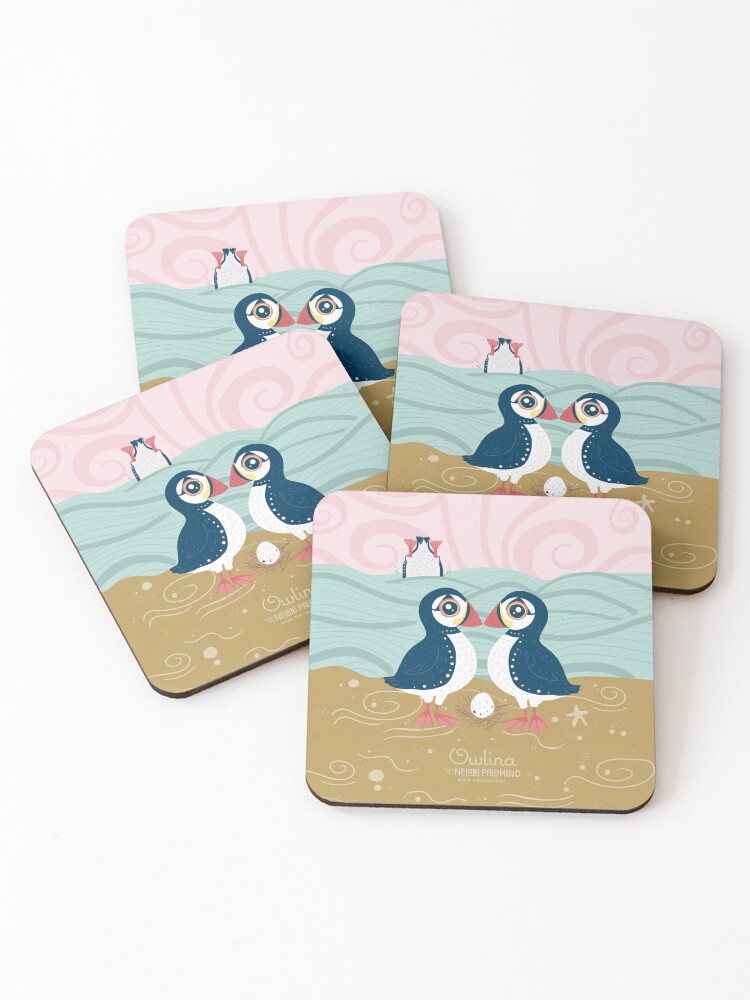 Thumbnail 1 of 5, Coasters (Set of 4), Puffin Pair designed and sold by Owlina-Art.