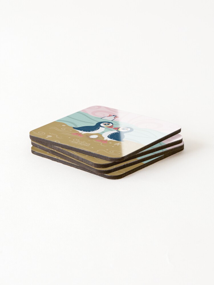Thumbnail 4 of 5, Coasters (Set of 4), Puffin Pair designed and sold by Owlina-Art.