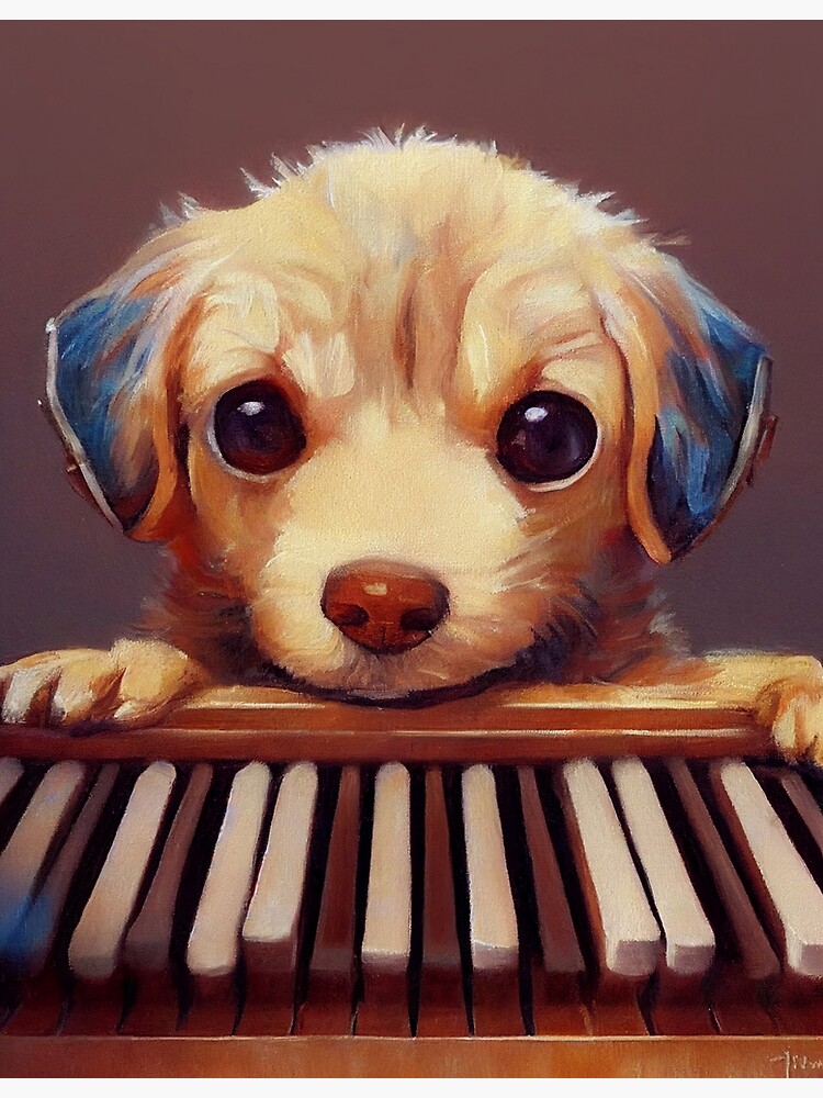 "Dog playing piano cute realistic art, painting, drawing, art, painting