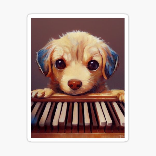 "Dog playing piano cute realistic art, painting, drawing, art, painting