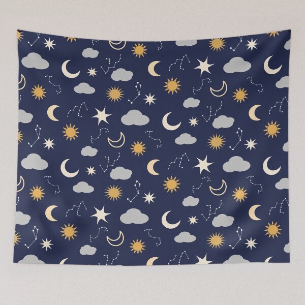 Item preview, Night Sky Pattern with the Moon, Sun, Clouds, Stars and Constellations on Dark Navy Blue designed and sold by Ceyda Bolat.