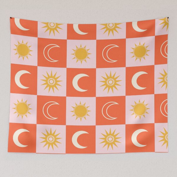 Item preview, Checkered Pattern with the Moon and the Sun on Pink and Reddish Orange designed and sold by Ceyda Bolat.