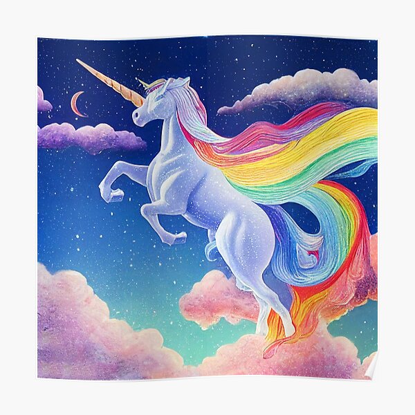 "Unicorn flying in the night sky with rainbow wings" Poster for Sale by