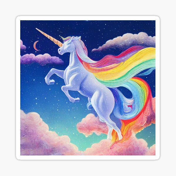 "Unicorn flying in the night sky with rainbow wings" Sticker for Sale