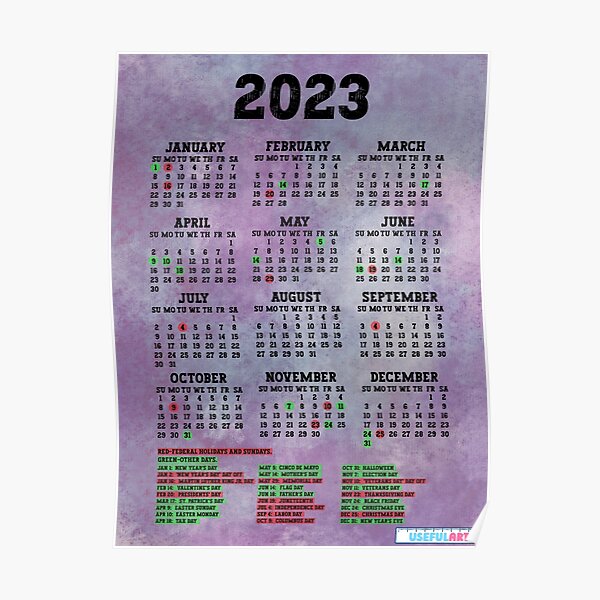 Póster Calendario Estados Unidos 2023 Con DÍas Festivos No44 De Usefulart Shop Redbubble 7009