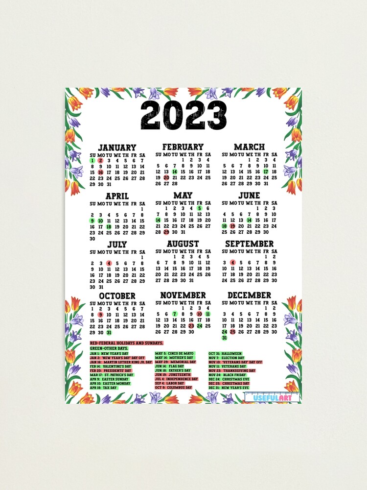 Lámina Fotográfica Calendario Estados Unidos 2023 Con DÍas Festivos No46 De Usefulart Shop 6954