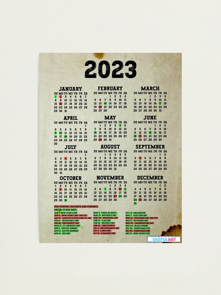 Lámina Fotográfica Calendario Estados Unidos 2023 Con DÍas Festivos No57 De Usefulart Shop 3844