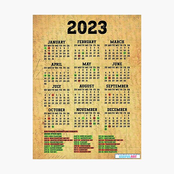 Lámina Fotográfica Calendario Estados Unidos 2023 Con DÍas Festivos No59 De Usefulart Shop 8916