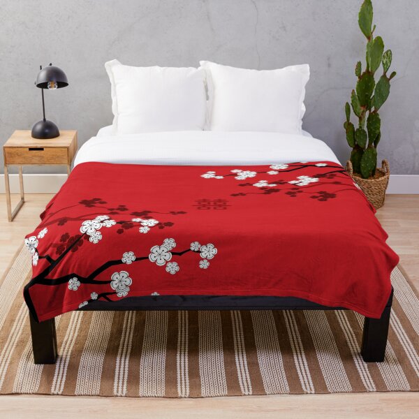 White Oriental Cherry Blossoms on Red and Chinese Wedding Double Happiness | Japanese Sakura © fatfatin Throw Blanket