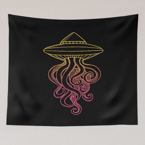Item preview, UFO Ocotopus Hybrid Yellow Pink Line Art Drawing Illustration designed and sold by Ciara Shortall.
