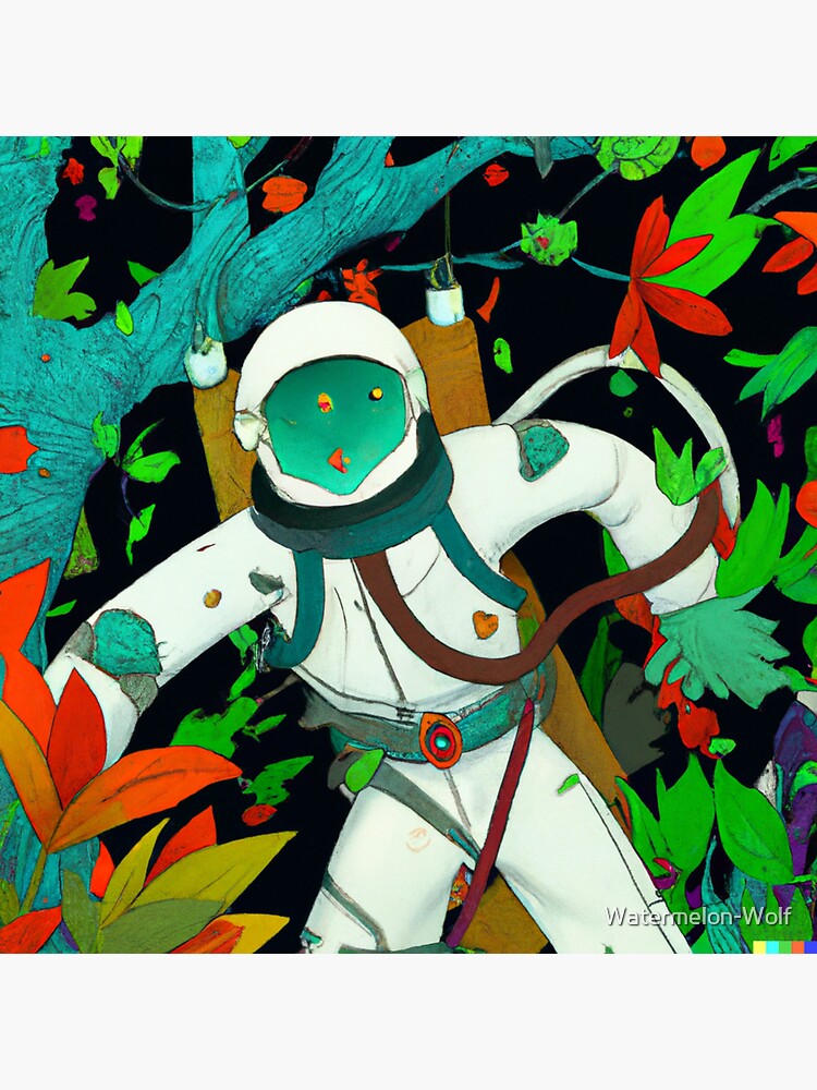 Thumbnail 3 of 3, Sticker, Astronaut lost in an alien forest designed and sold by Watermelon-Wolf.