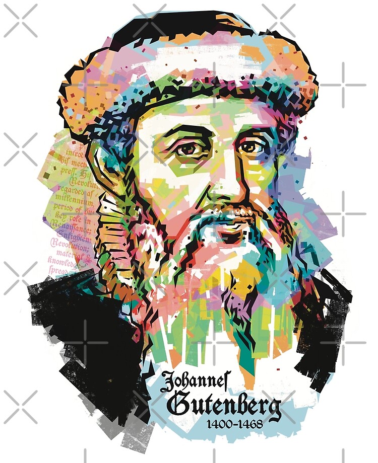 Johannes Gutenberg printing press cartoon printing machine Stock Vector