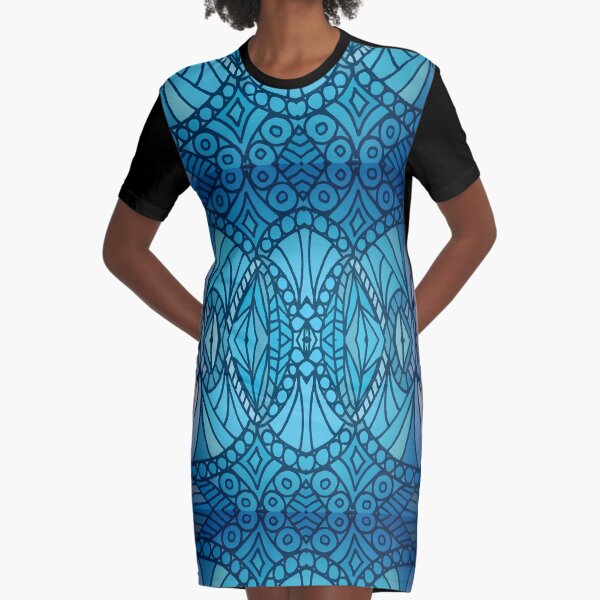 Blue Art Deco Graphic T-Shirt Dress