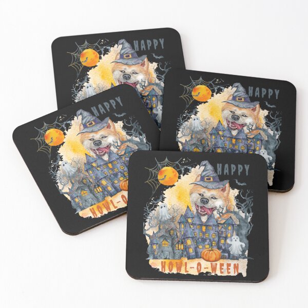 Item preview, Akita Inu Happy Howl-o-ween Ghost Houses Funny Watercolor  designed and sold by Cuddlythopia.