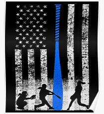Softball Flag With Softball Players and Blue Bat Poster
