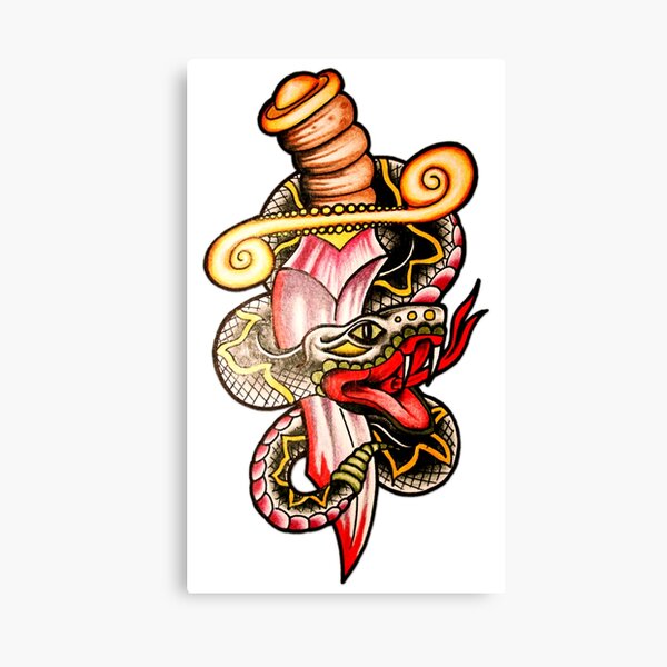 Colorful Traditional Snake With Dagger Tattoo Colorful Traditional Snake With Dagger Tattoo
