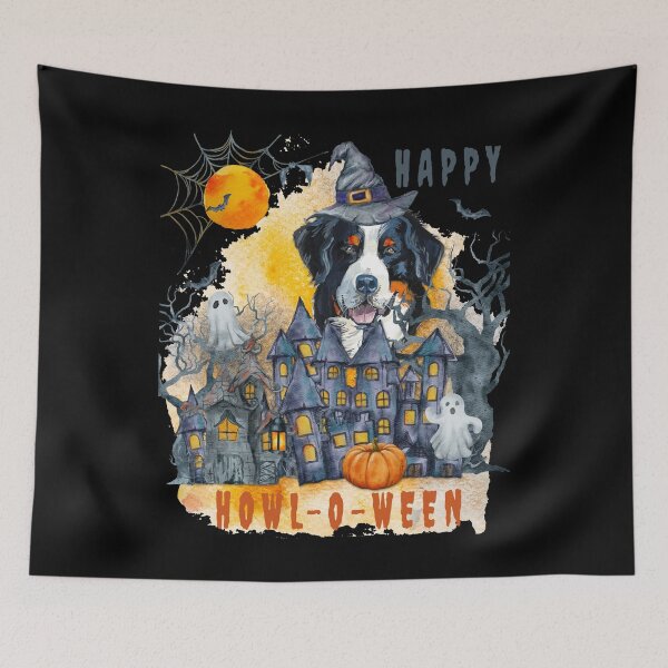 Item preview, Bernese Mountain Dog Happy Howl-o-ween Ghost Houses Funny Watercolor  designed and sold by Cuddlythopia.