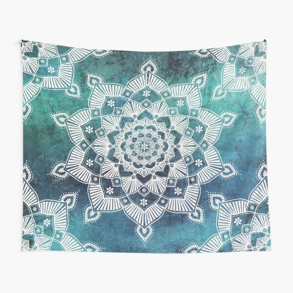 Aqua Spirit Mandala / Teal White Zen Yoga Mandala Tapestry