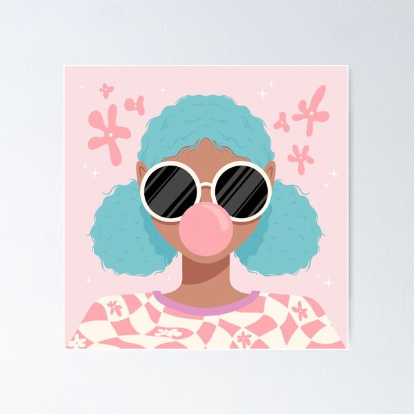Item preview, Y2K Danish Bubblegum Sunglasses Pink Blue Outfit Funky Girl Woman Portrait Drawing designed and sold by Sarah Eichert.