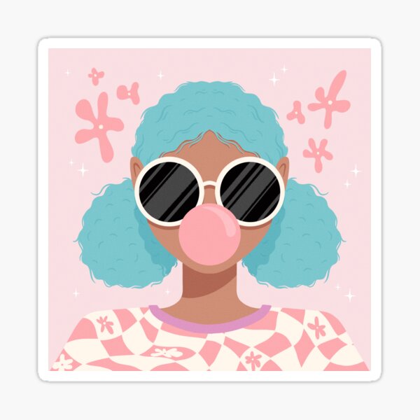 Item preview, Y2K Danish Bubblegum Sunglasses Pink Blue Outfit Funky Girl Woman Portrait Drawing designed and sold by Sarah Eichert.