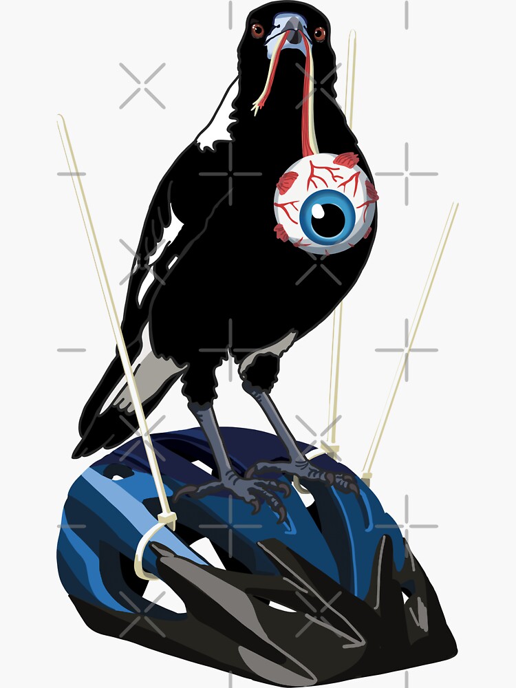 Sinister Magpie With Eyeball Sitting On Push Bike Helmet With Zip Ties