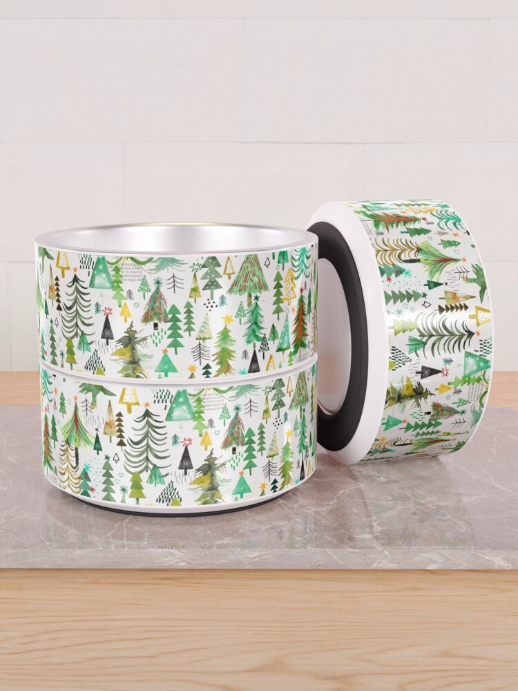Alternate view of Pines and spruces forest - Christmas trees decorations pattern- Red green Pet Bowl