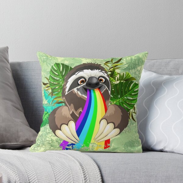 Sloth Spitting Rainbow Colors Throw Pillow