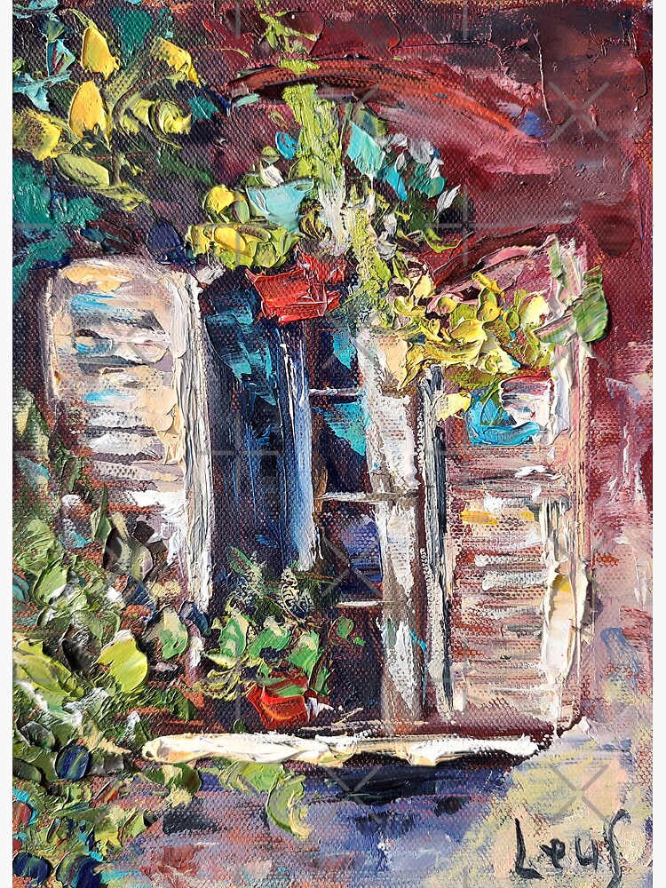 Old French window with geranium in Provence, contemporary impasto painting,  window with flowers, old brick wall | Art Board Print