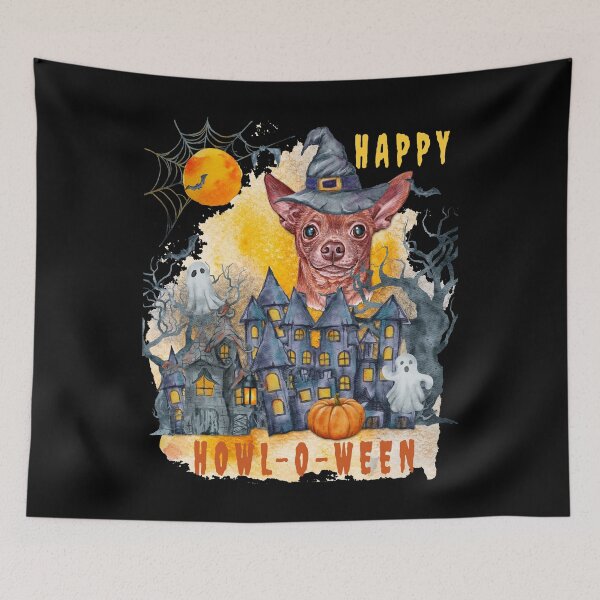 Item preview, Chihuahua Happy Howl-o-ween Ghost Houses Funny Watercolor  designed and sold by Cuddlythopia.