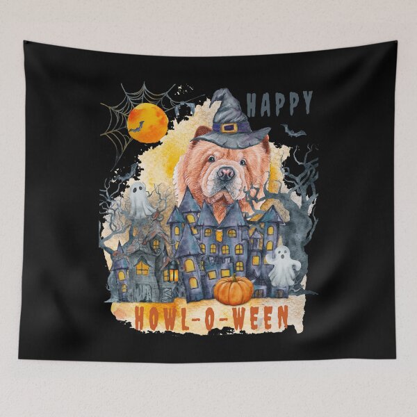 Item preview, Chow Chow Happy Howl-o-ween Ghost Houses Funny Watercolor  designed and sold by Cuddlythopia.