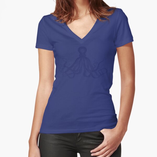 Octopus | Vintage Octopus | Tentacles | Sea Creatures | Nautical | Ocean | Sea | Beach | Navy Blue and White | Fitted V-Neck T-Shirt