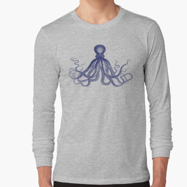 Octopus | Vintage Octopus | Tentacles | Sea Creatures | Nautical | Ocean | Sea | Beach | Navy Blue and White | Long Sleeve T-Shirt