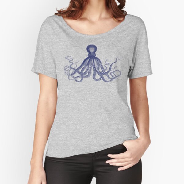 Octopus | Vintage Octopus | Tentacles | Sea Creatures | Nautical | Ocean | Sea | Beach | Navy Blue and White | Relaxed Fit T-Shirt